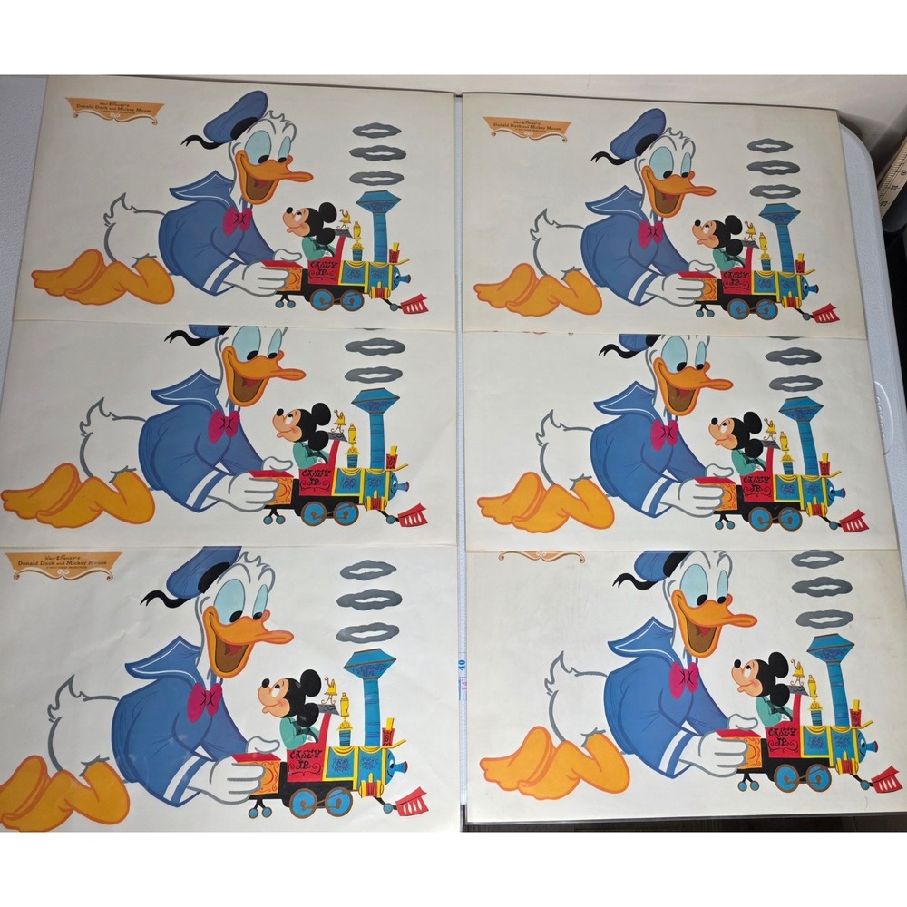 Vintage 50s Disney Donald Duck Mickey Mouse Vinyl Placemats 6pc Disneyana Retro